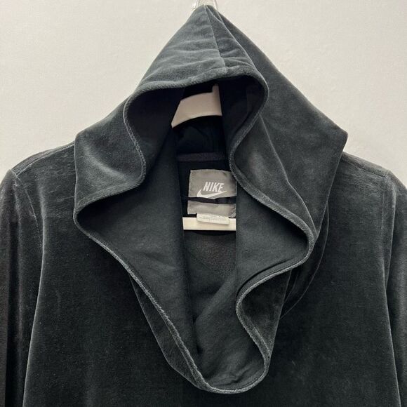 Nike Dark Gray Velvet Velour Hooded Cowl Neck Ribbon Drawstring Pullover Hoodie - Picture 2 of 8